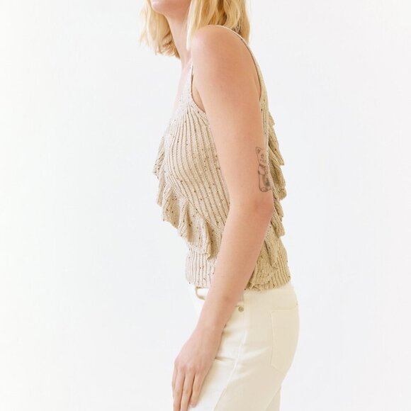 MYSTREE Beige Knit Ruffle Tank Top, Sleeveless Ribbed Sweater - Picture 5 of 10